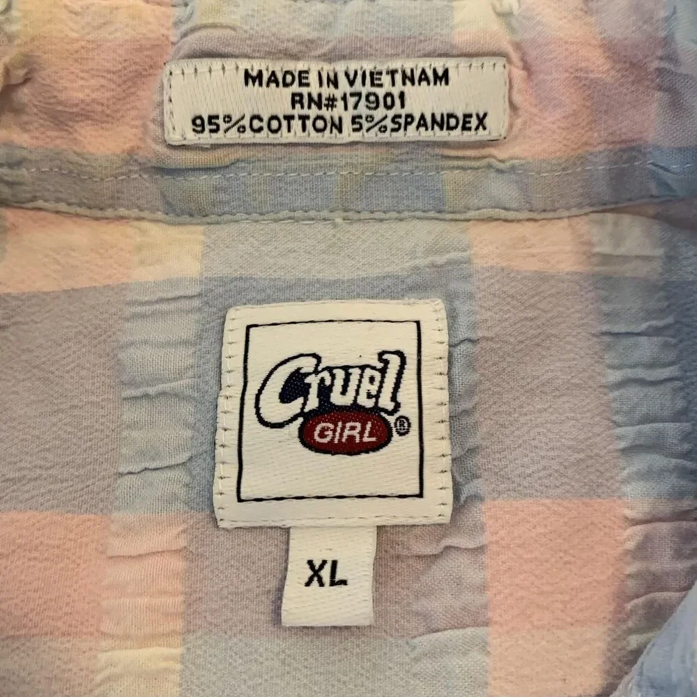 Cruel‎ Girl Shirt Womens XL Pink Blue Plaid Long Sleeve Western Casual Button Up